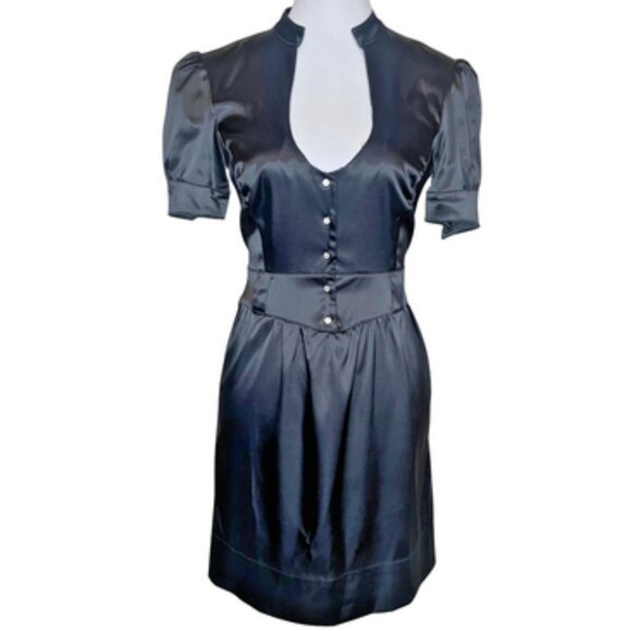 Guess Dresses & Skirts - Guess Vintage Black Satin Empire Waist Mini Dress Puffed Sleeves Keyhole Neck 5